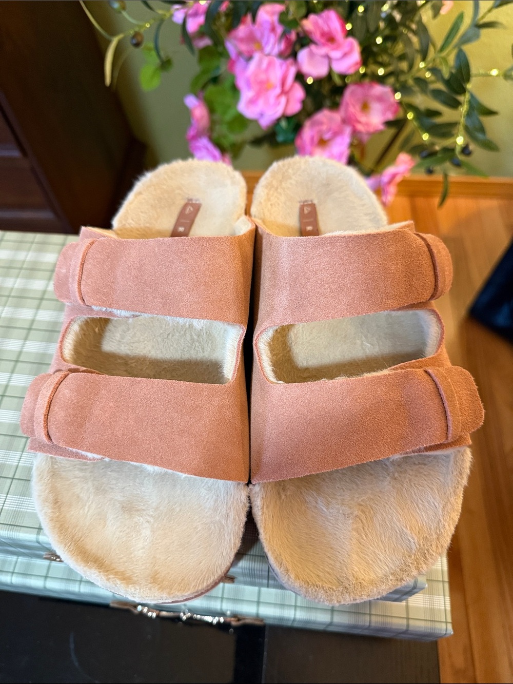 Reef Suede Plush Double-Strap Slide Sandals in Blush Pink